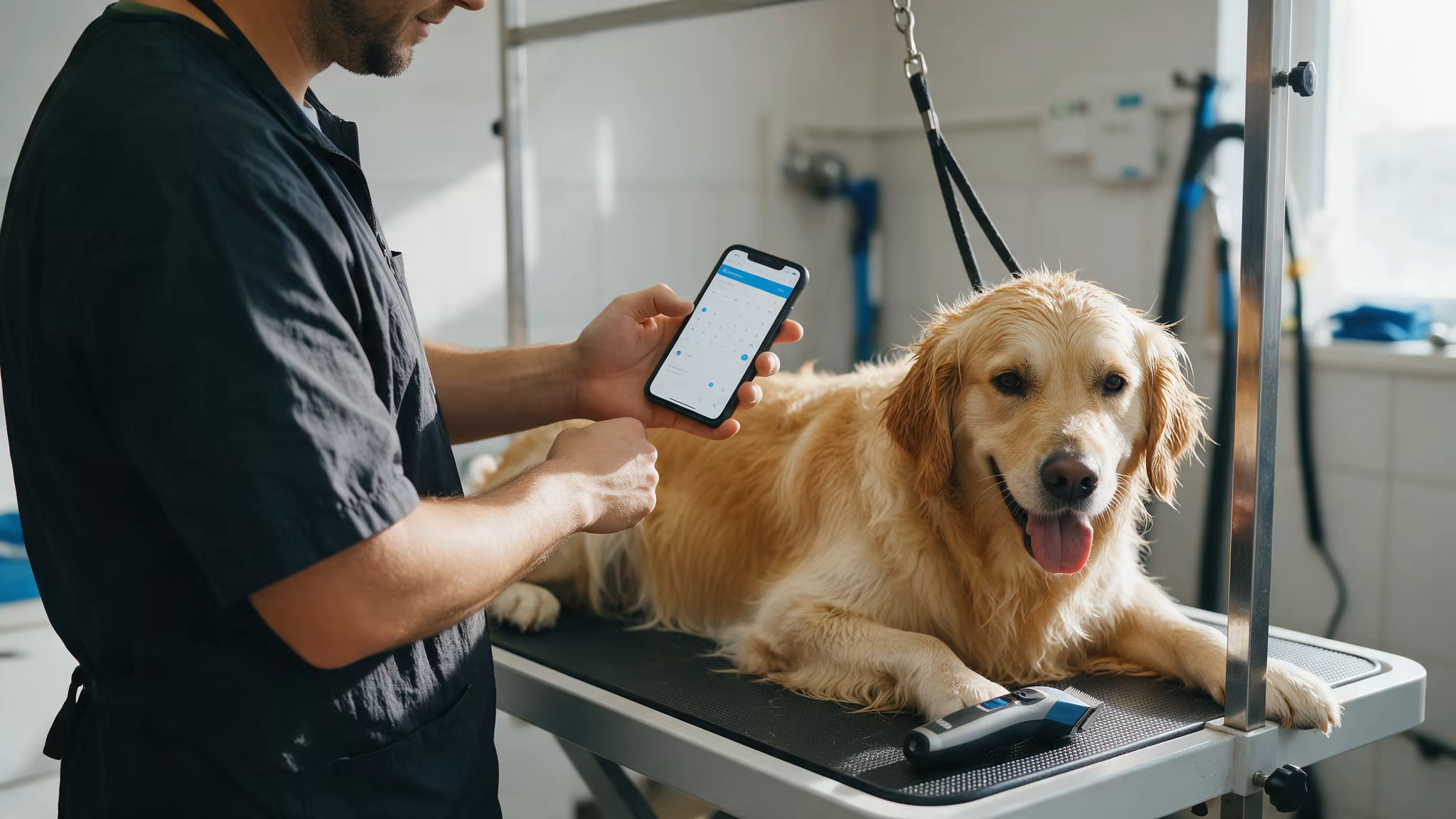 Groomer verificând programările pe telefon, lângă masa de toaletaj din salonul de grooming