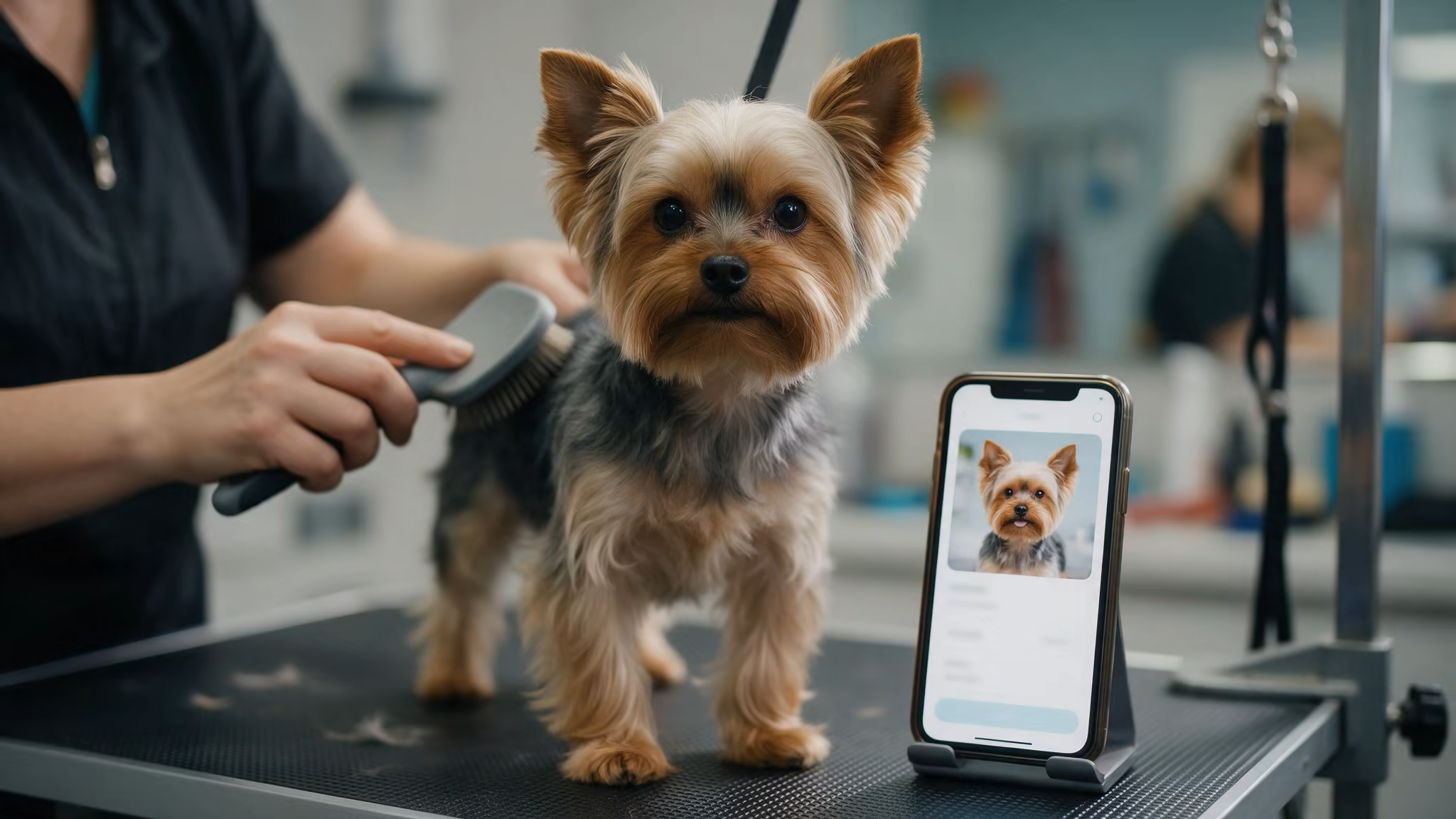 Groomer periind un câine de talie mică pe masa de toaletaj, cu fișa cățelului deschisă pe telefon
