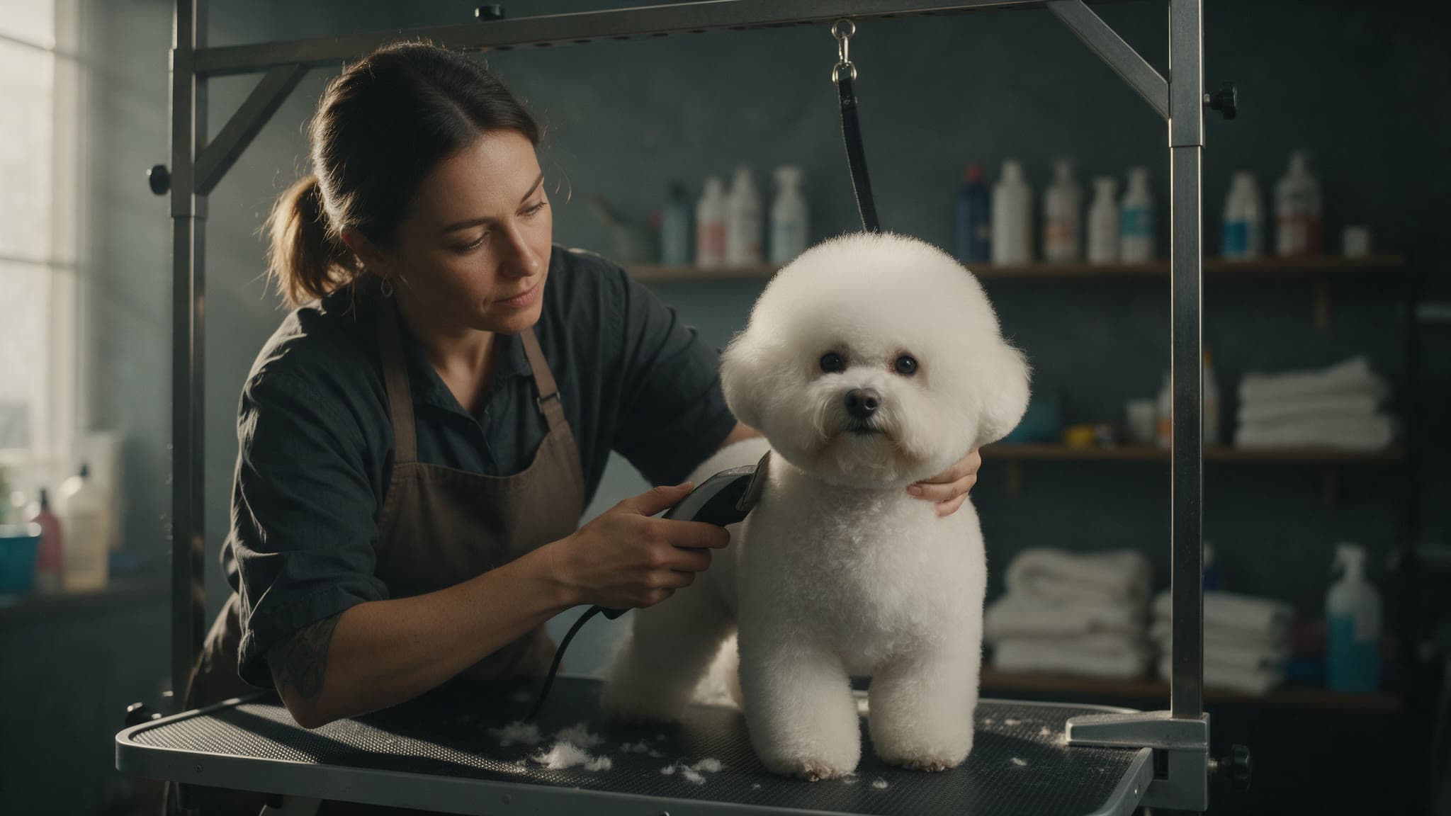 Groomer tunzând un câine pe masa de toaletaj într-un salon de grooming